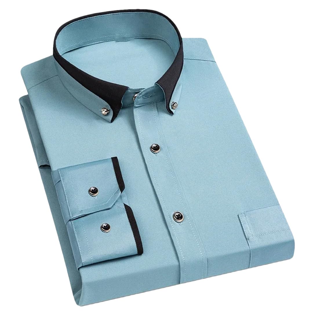 Pegsmio Men's Lake Blue Business Dress Shirt Spring Autumn Formal Button Down Collar Dress Shirts