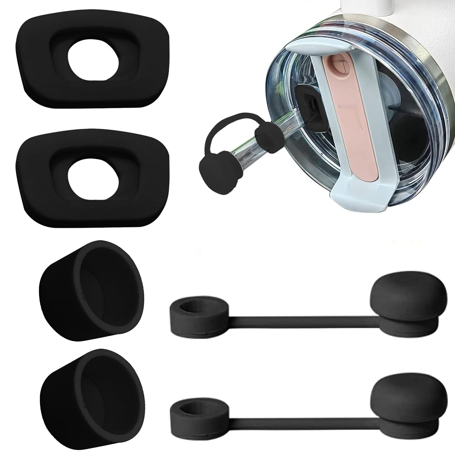 BananaHome6pcs Silicone Spill Stopper Set,Compatible with Stanley Cup1.0&2.0 40oz/ 30oz,Tumbler Accessories,Including Straw Cover Cap,Square Spill stopper and Round Leak Stopper (Black（6pcs）)