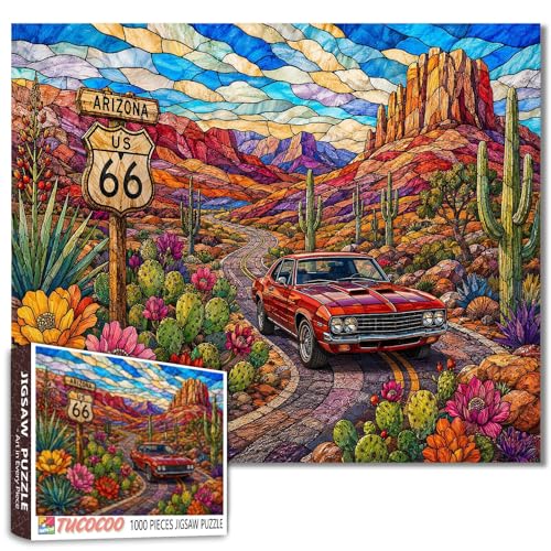 Route 66 Jigsaw Puzzles for Adult 1000 Pieces Arizona Desert DIY Puzzles for Family Activity Games Night American Muscle Car Art Jigsaw Puzzles Home Wall Decor Stained Glass Gifts 19.7 x 27.6 Inch