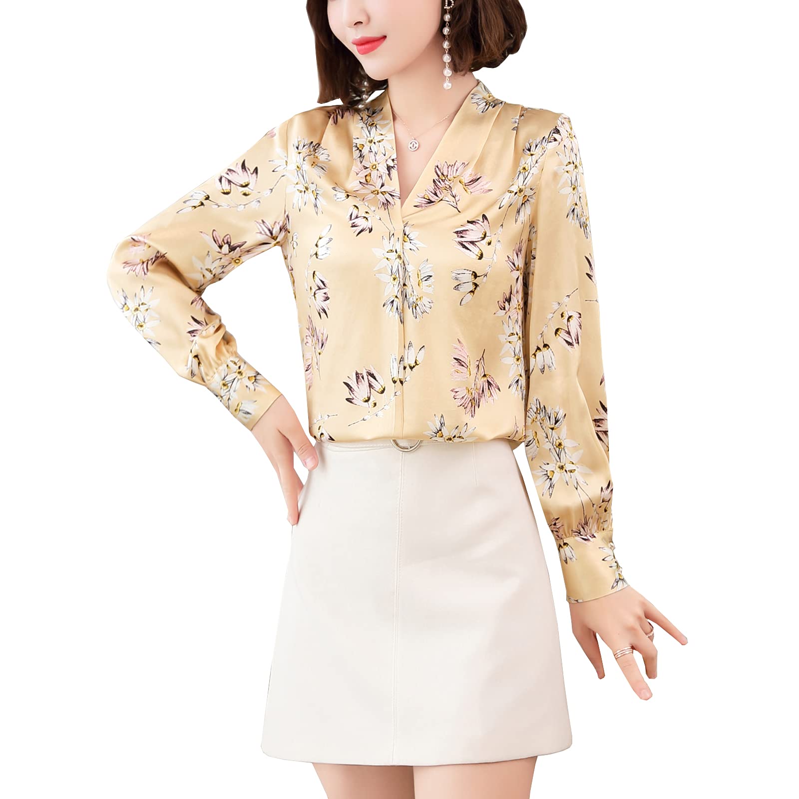 E-girl Blusa de seda para mujer con estampado de puente, blusa de manga larga con cuello en V, blusa de seda,S1922