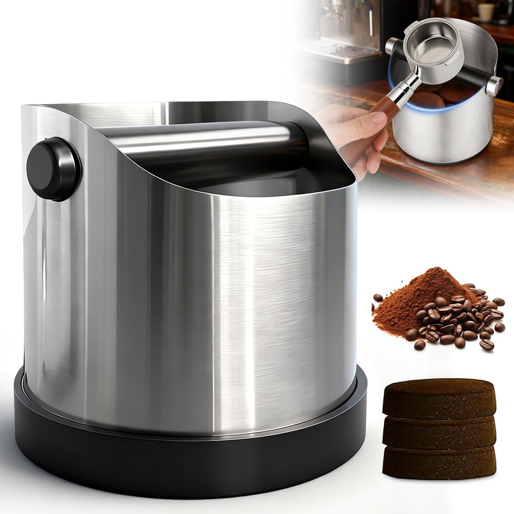 Rppiup Coffee Knock Box, Stainless Steel Coffee Bar Accessories with Removable Knock Bar, Coffee Machine Accessories, Non-Slip Base Coffee Grounds Knock Box, Grind Barista Accessories