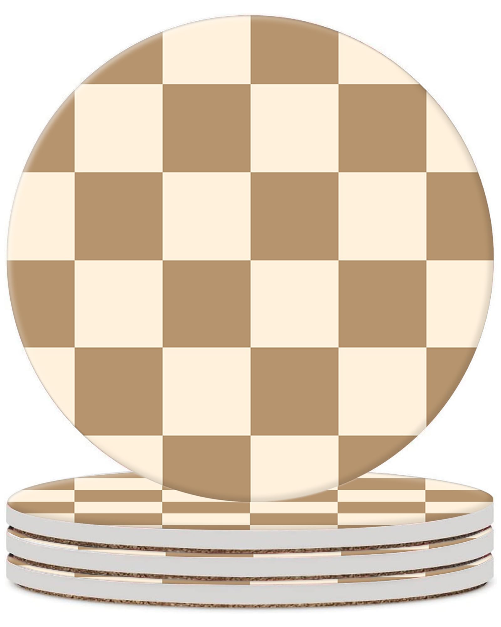 Coffee Checkered Drink Absorbent Coaster,Cool Deisgn Ceramic Drink Coaster with Cork Base,Housewarming Gifts,Tabletop Protection Suitable for Kinds of Cups(Pack of 4)