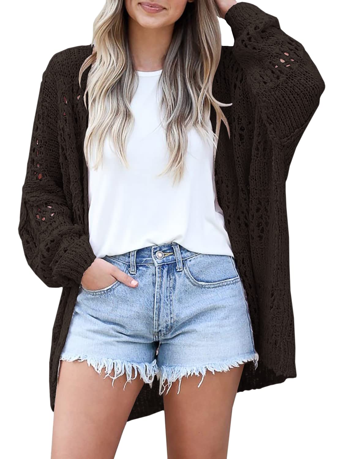 Ermonn Womens Crochet Cardigan Sweater Kimonos Boho Solid Color Oversized Spring Open Front Outwear