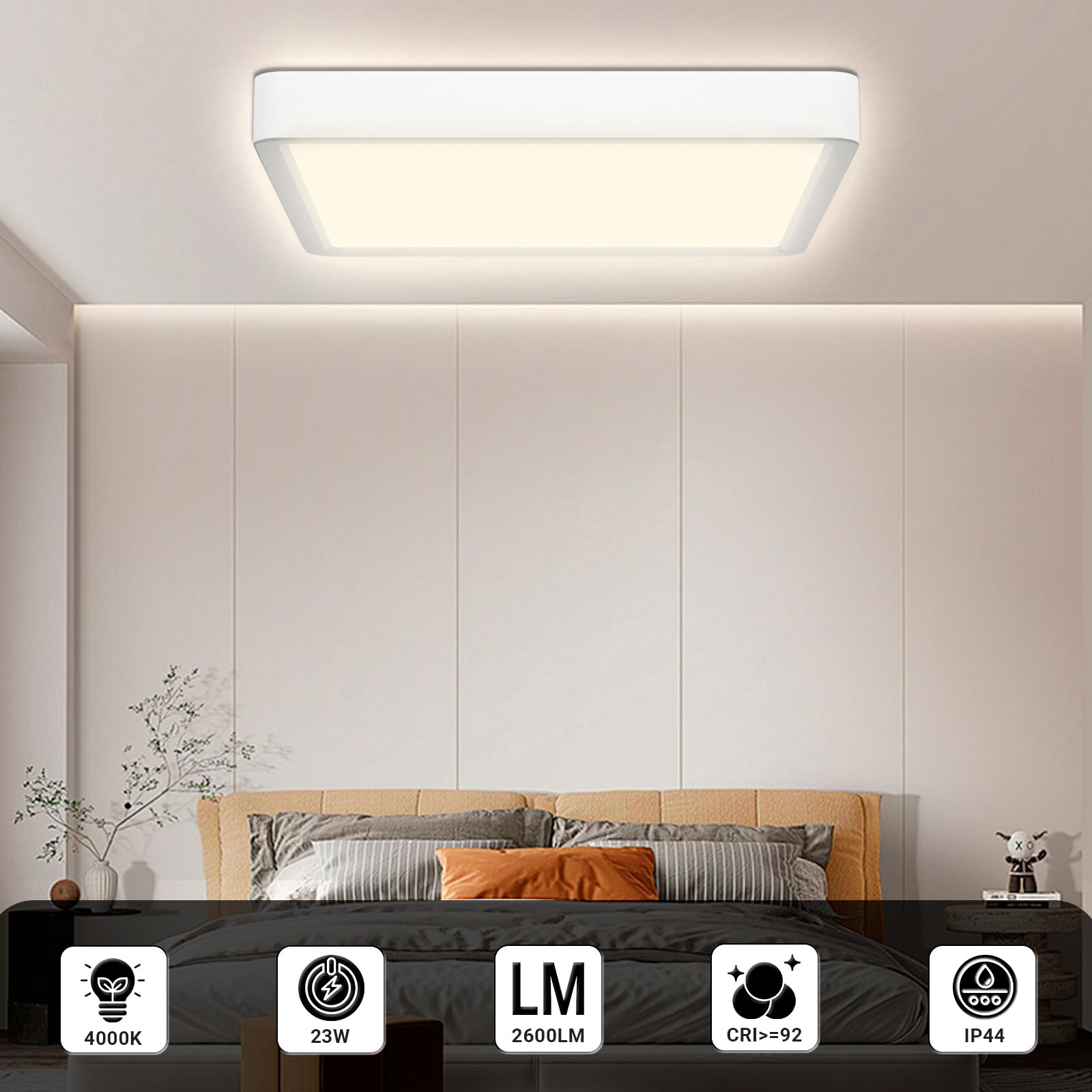 LQWELL® Plafonnier LED, IP44 Lampe de Salle de Bain Étanche Carré Plat 24W 4000K 2600LM Lampe Simple Moderne Mince pour Salon Salle de Bain Chambre Cuisine Couloir Sous-Sol Bureau, 300 * 25mm