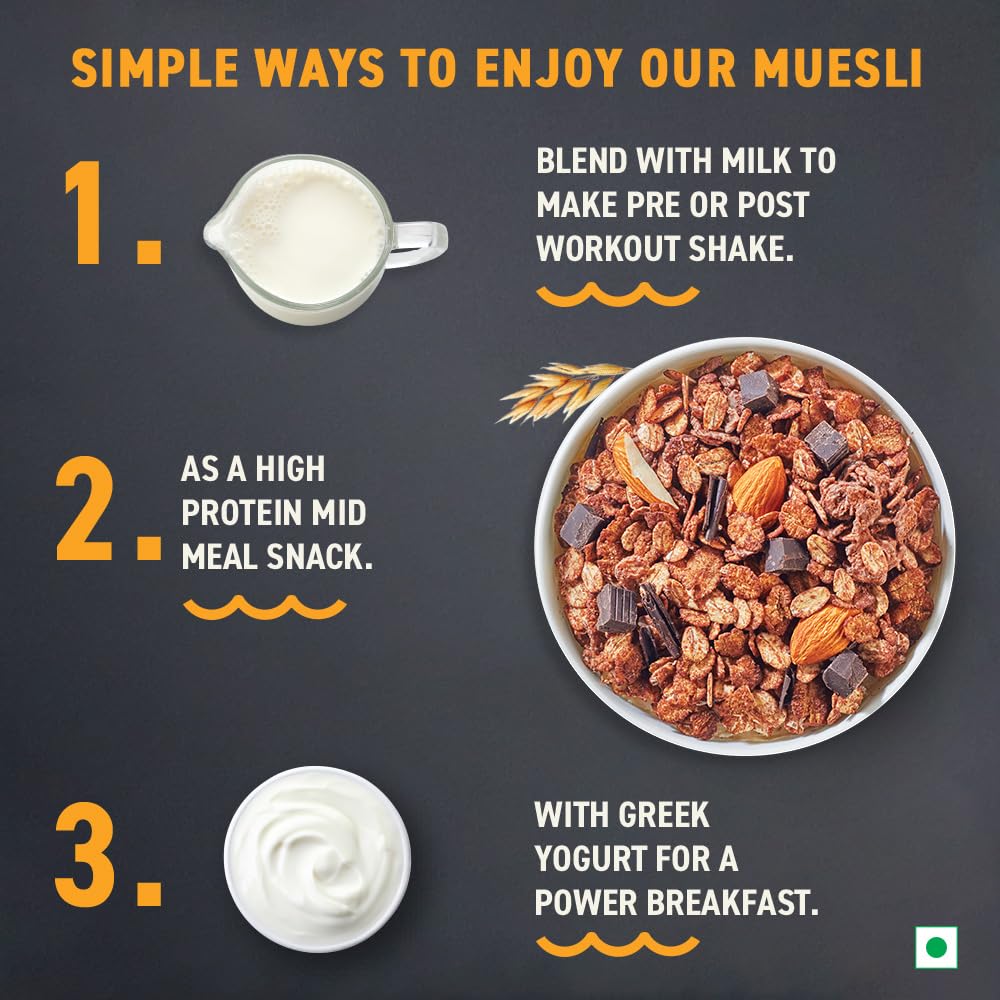 Bagrry's Whey Protein Muesli 500g | 20g+ Protein | Chocolate Flavour| Whole Oats & Californian Almonds| Breakfast Cereal|Protein Rich| Premium American Whey Muesli 3