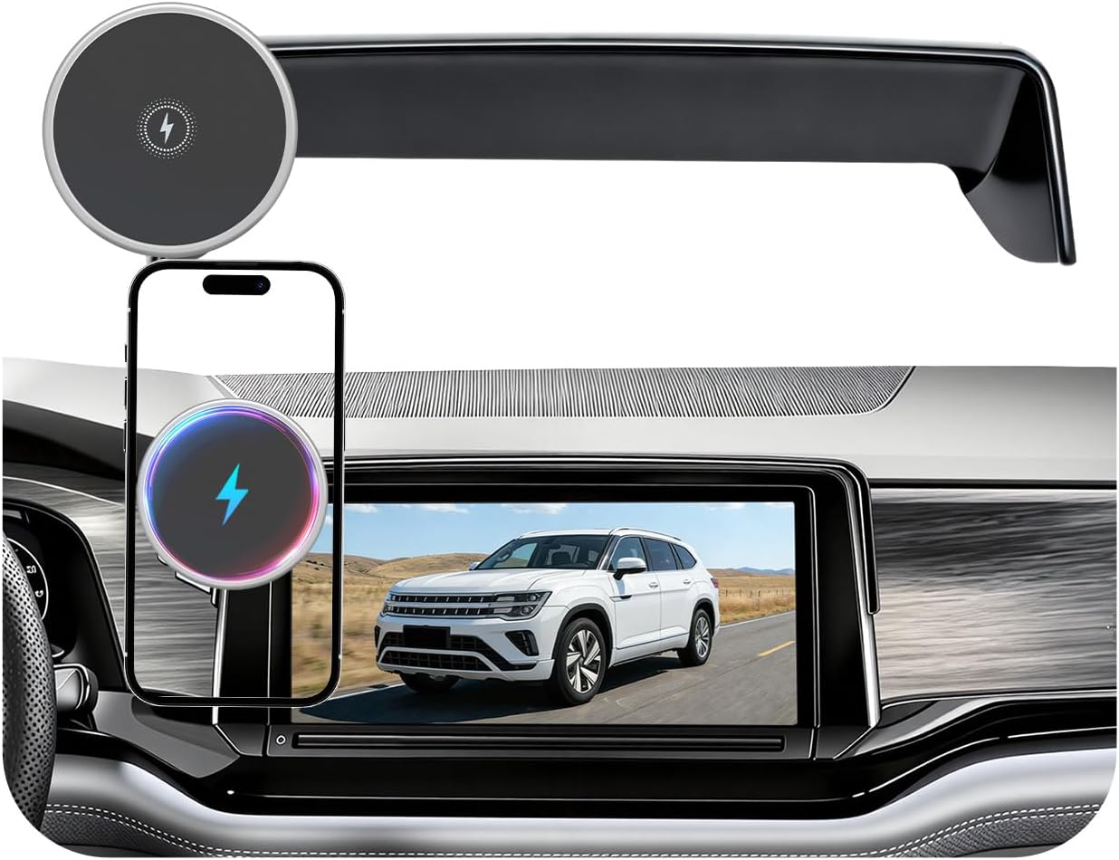 Magnetic Phone Holder for Volkswagen Atlas (2024 2025 2026, 12inch) / VW Altas Cross Sport, 15W Wireless Car Charger for iPhone & Samsung, 360 & Hands Free, with Storage Box, New Car Accessories
