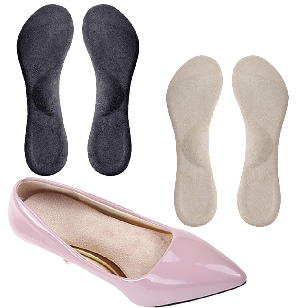 High Heel Inserts Women, Adhesive Velvety Cushioning Insoles for High Heels Anti-Slip, ¾ Gel Cushion Shoe Insoles Pain Relief, Arch Support Shoe Inserts High Arch Flat Feet, 2 Pairs, Beige+Black