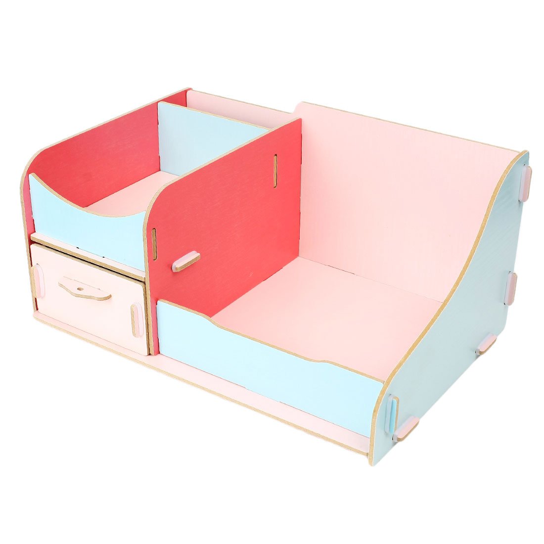 Drewniany organizer na biurko do makijażu różowe i niebieskie pudełko do przechowywania stylowa szuflada kosmetyczna idealna do domu i biura oszczędzający miejsce design niezbędne akcesoria do