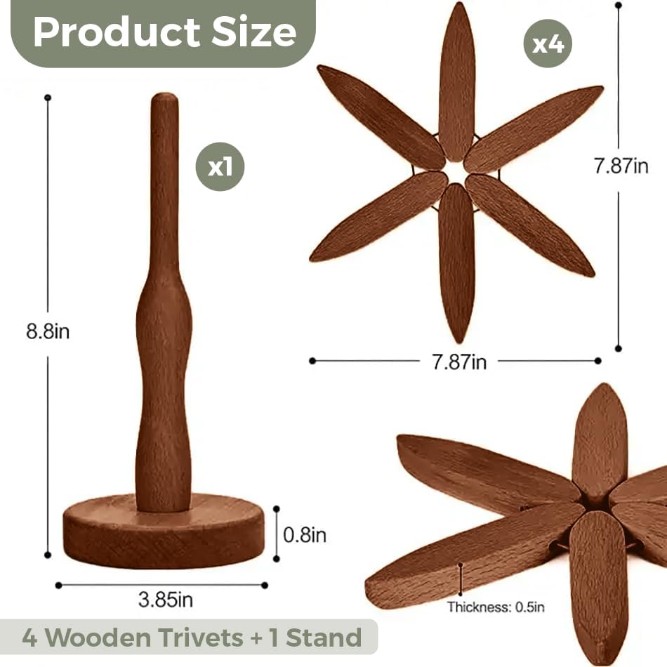 4 Wooden Trivets for Hot Dishes - Charming Wooden Trivet Tree Includes Stand, Handcrafted Walnut for Kitchen Boho Decor, Protects Counter & Table from Hot Pots & Pans (Walnut Color, Set of 4)