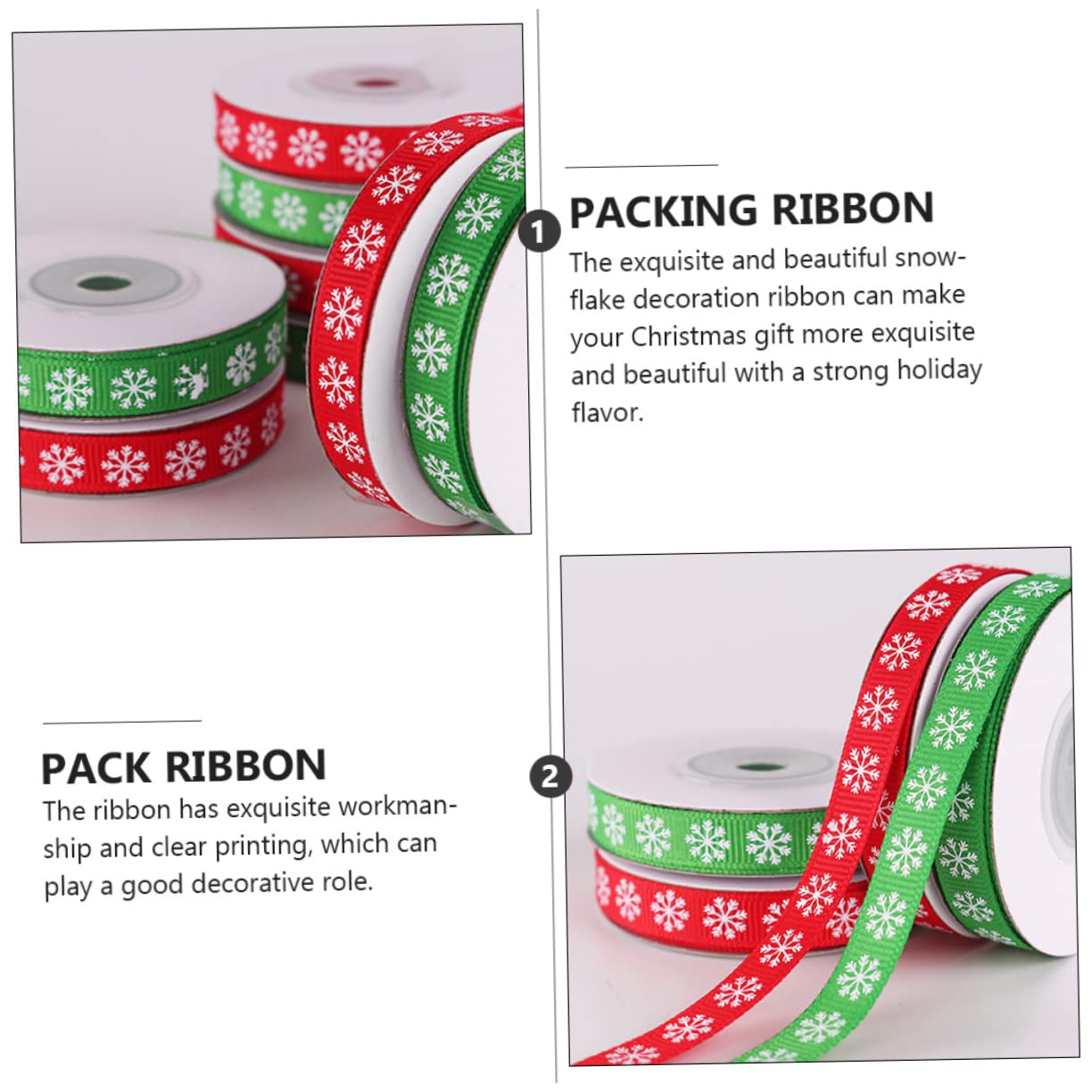 Housoutil 12 Rollen Weihnachtliches Schneeflocken Geschenkband Breit Polyester Schleifenband Rot Grün für Geschenkverpackung DIY Weihnachtsdeko