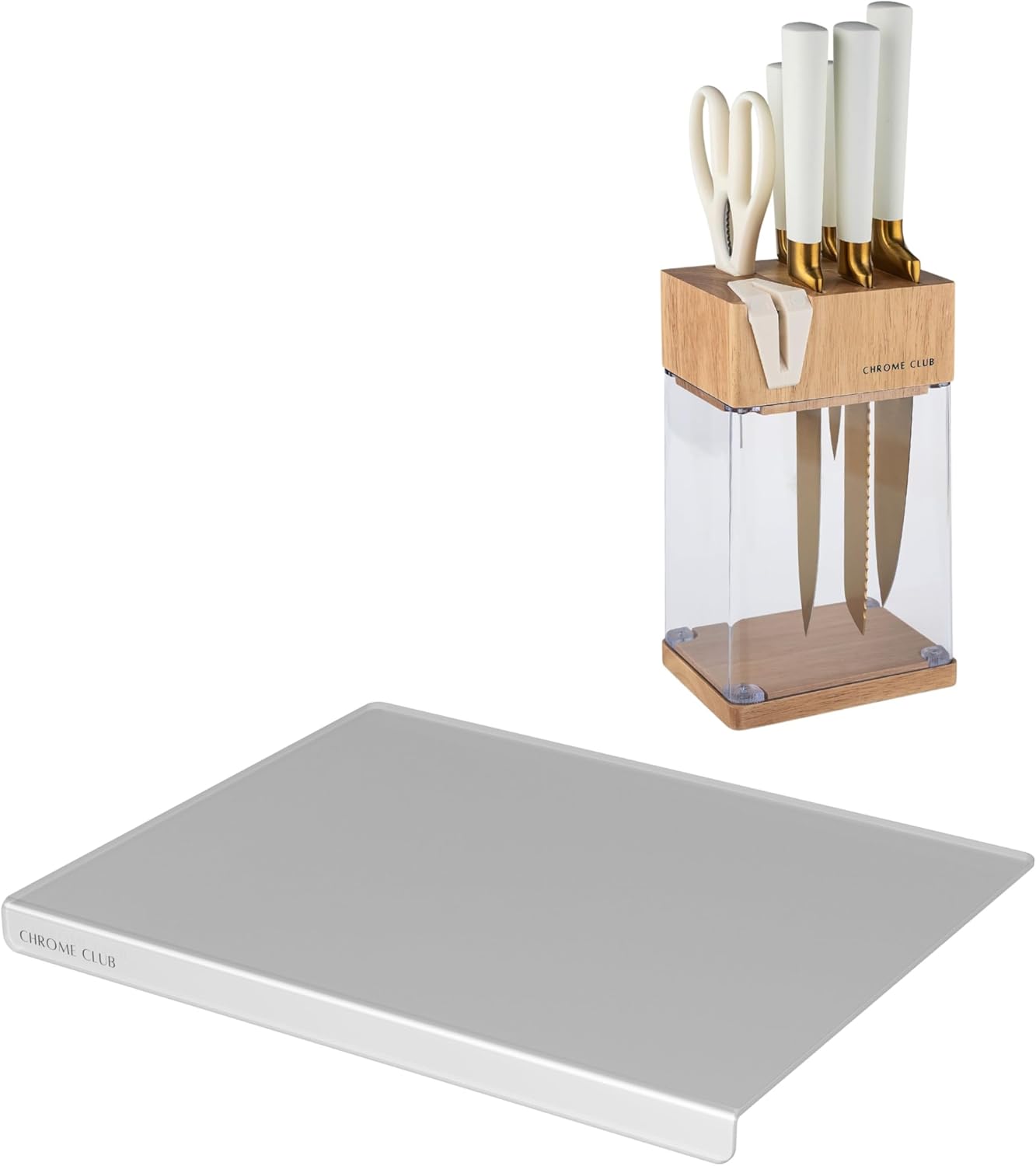 CHROME CLUB White and Gold Knife Block Set + Clear Acrylic