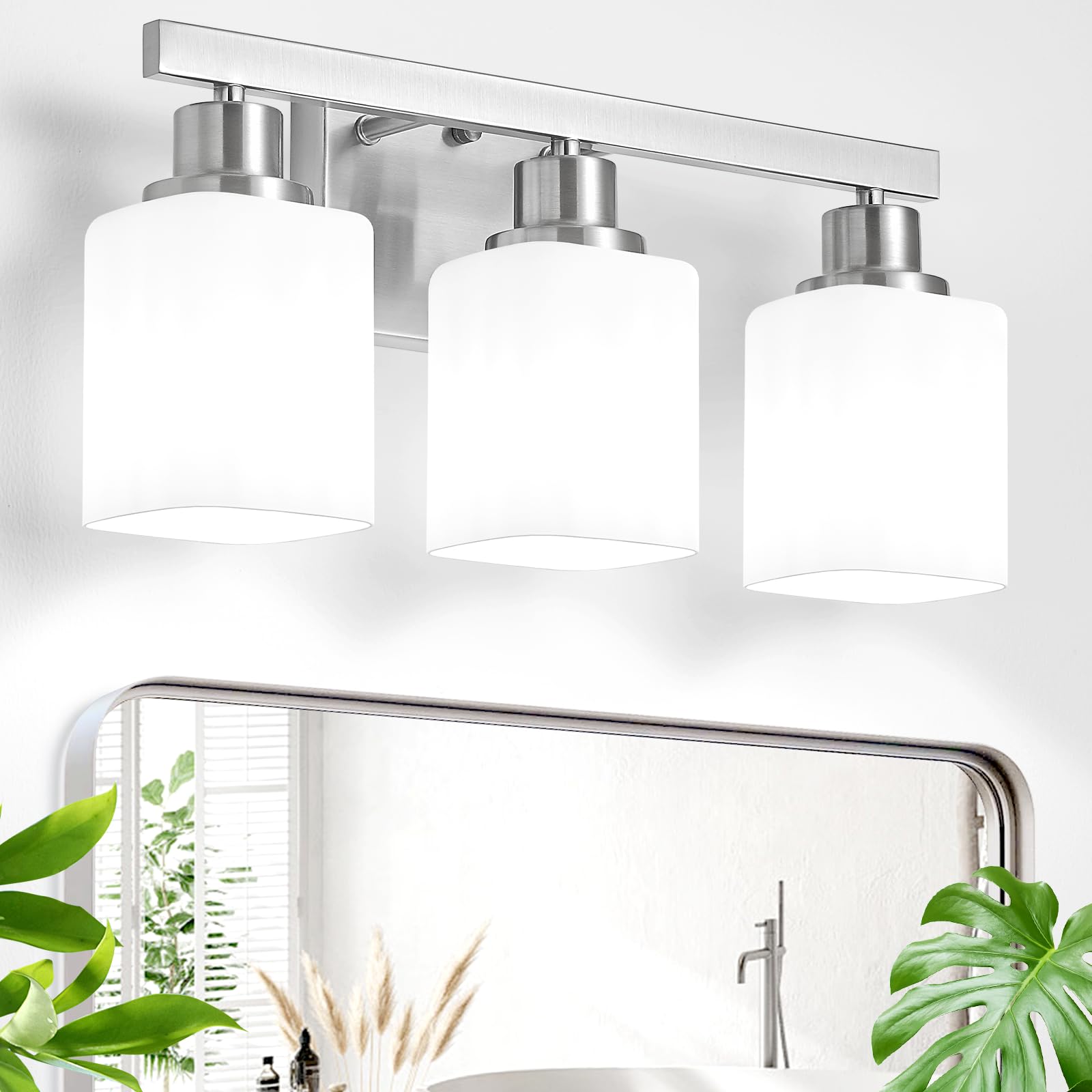 3-Light Bathroom Vanity Light Brushed Nickel Vanity Lights with Square Frosted Glass Modern Bathroom Wall Lights Fixtures Over