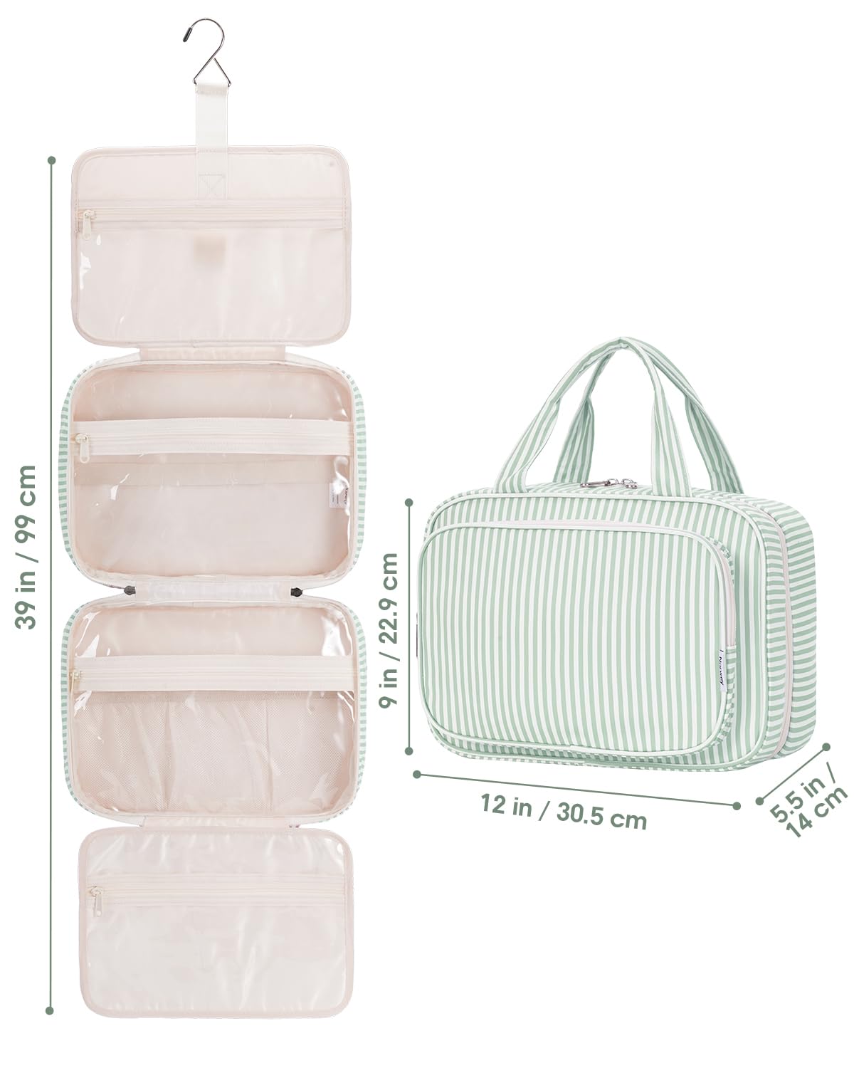Narwey Large Hanging Travel Toiletry Bag for Women Wash Bag Cosmetics Makeup Bag Organizer for Full Size Accessories (Mint Green Stripe (Large)) — view 9