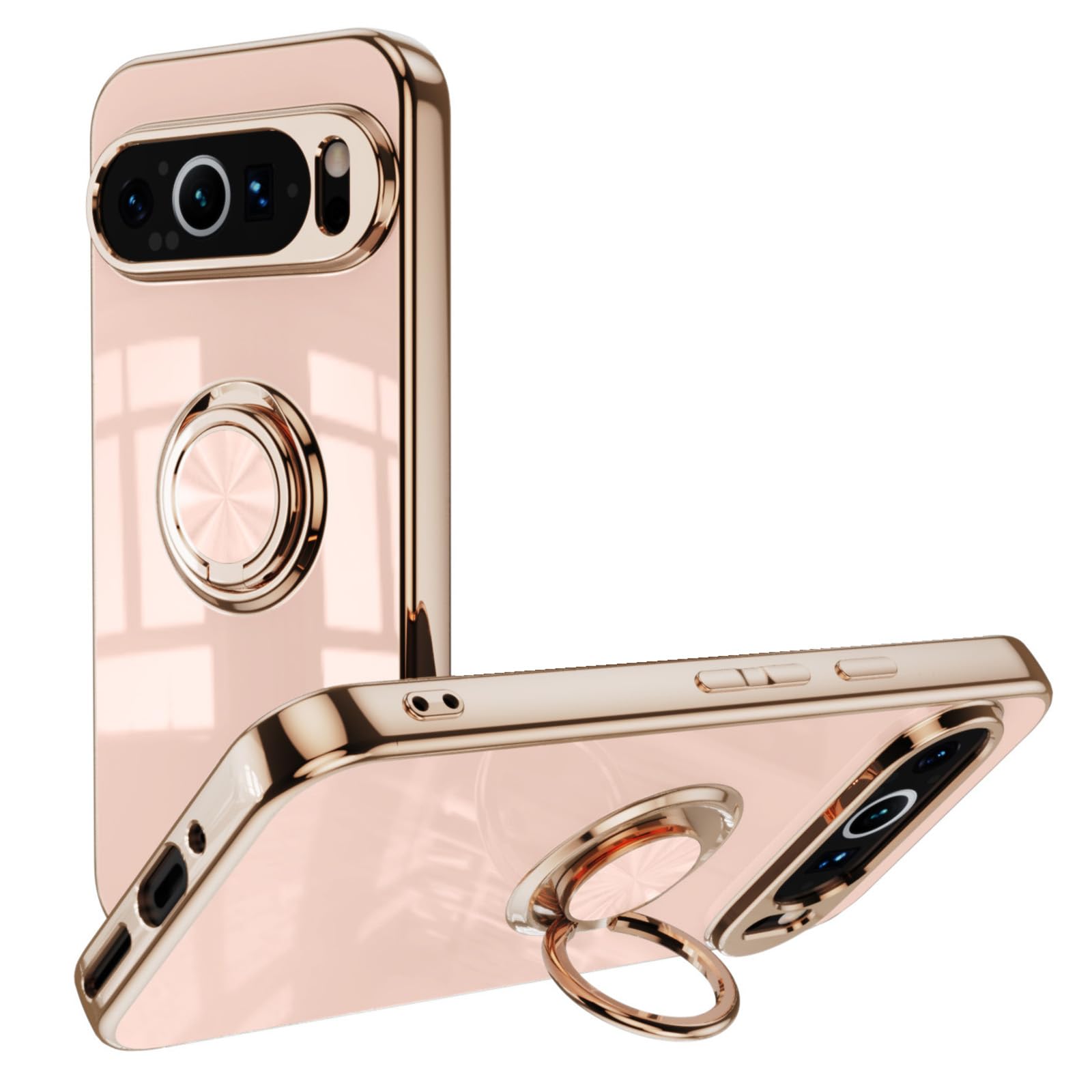 LUOTILAG Custodia per Google Pixel 9 PRO XL/ 9 PRO/ 9,Sottile Silicone Cover Bordi in Oro Placcato Protezione Dell'obiettivo Cover con Anello,Rosa,9 PRO XL