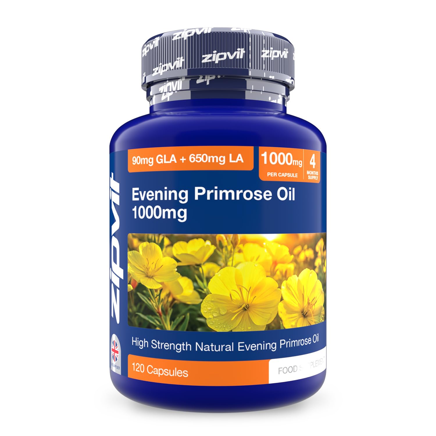 Evening Primrose Oil 1000mg Per Capsule, High Strength Omega 6 GLA & LA, Cold Pressed, 120 Softgel Capsules, 4 Months Supply