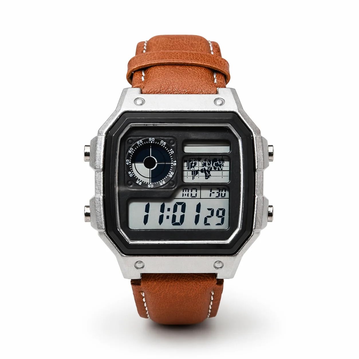 SHRI SAWARIYA Collection Vintage Digital Watch for Men, Retro Square Dial with Brown Leather Strap, Alarm, Stopwatch & LED Light-picture-33