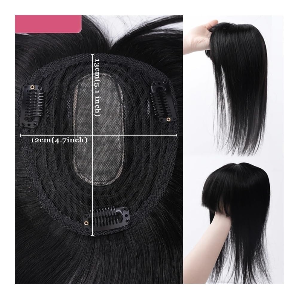 Topper for capelli umani con frangia for donna, clip con base in seta 12X13 cm nel parrucchino for capelli diradati(30 cm,Dark Brown)