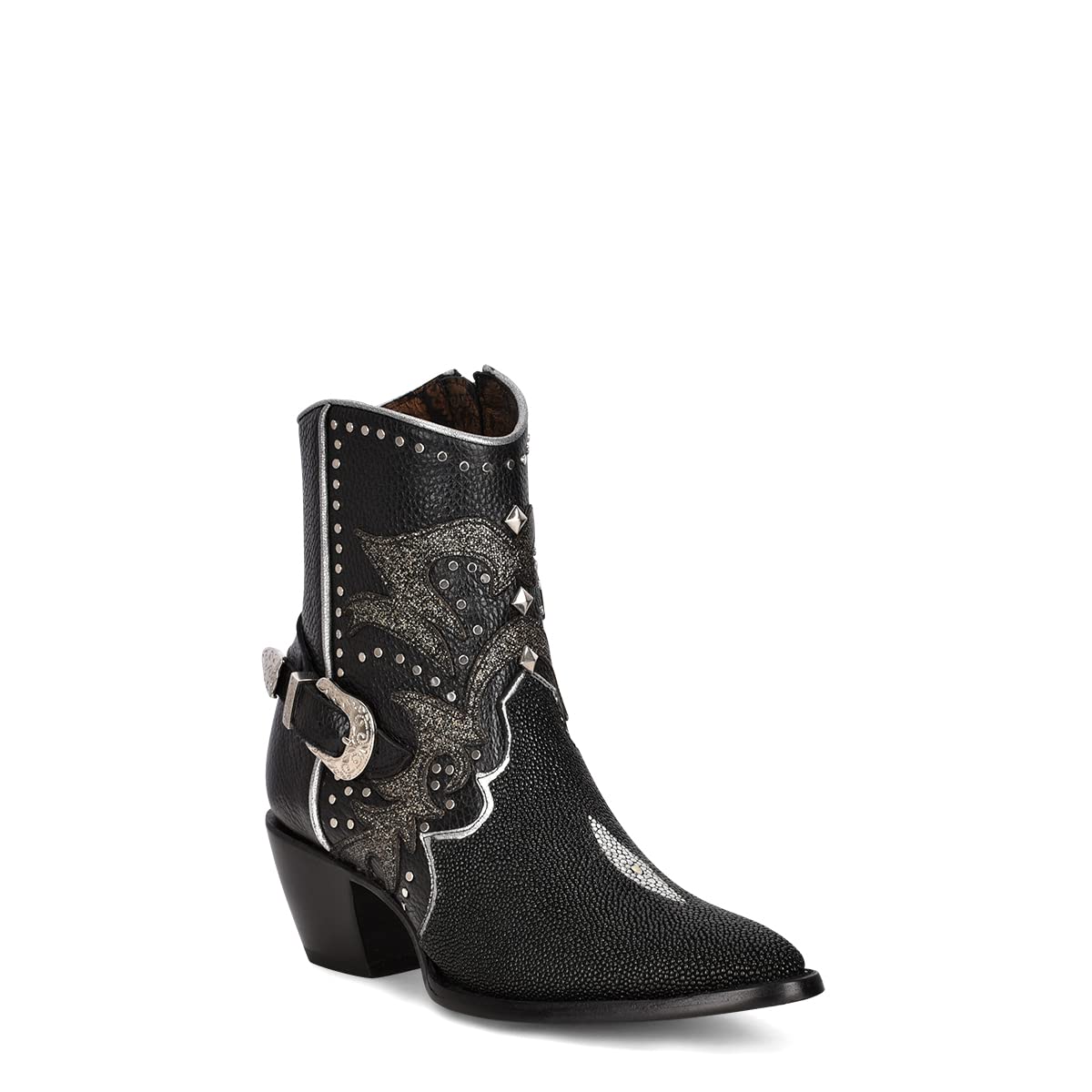 Cuadra Women's Bootie in Genuine Stingray Leather Black with Zipper and Studs