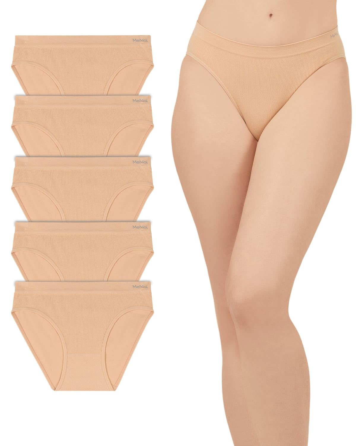 MeMoi Women's Pin Rib Seamless Bikini Panties 5 Pack, No Show Underwear