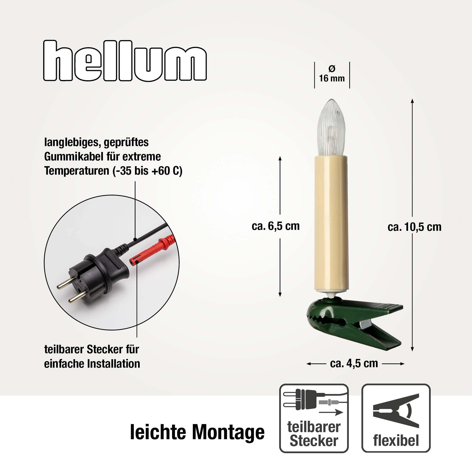 hellum LED Lichterkette Weihnachtsbaum, Made in Germany, Lichterkette mit Clip, 20 Lichter, beleuchtete Länge 13,30 m, Kabel grün, wamrweiß, für Innen, teilbarer Stecker, 3 Ersatzkerzen, <59lm 430165