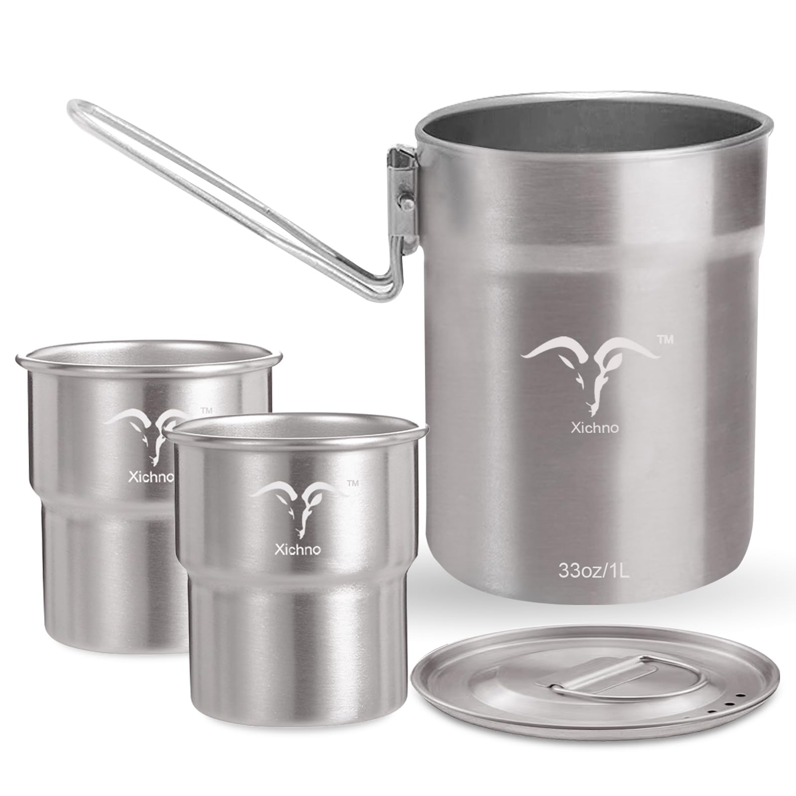 Xichno Stainless Steel CookSet with Lid & Handle 33oz 1 Pot with 2 Single Wall Cups for Hiking Camping BPA Free Portable & Durable Premium Metal Cooking Pot