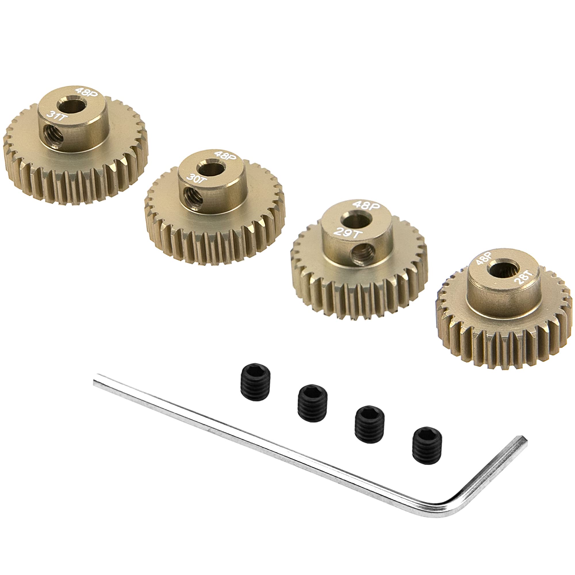 ShareGoo 7075 Aluminum Alloy 48P 3.175mm Pinion Gear Sets 28T 29T 30T 31T Motor Gears Fit 3.175mm (1/8-Inch) Shaft Compatible with HPI Losi Axial Traxxas Tamiya 1/10 RC Car,4Pack