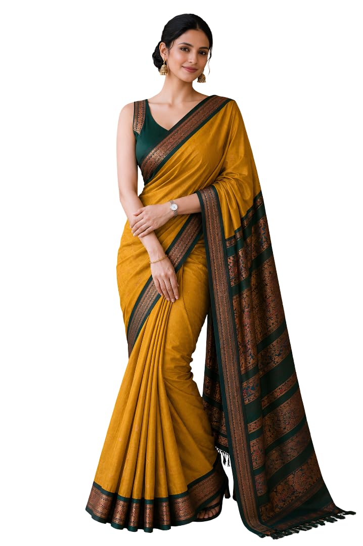 ilaiyaal clothings Ready to Wear Pre Pleated Saree Women's Pure Kanjeevaram Silk Cotton Handloom Saree| Celebrity inspired saree - Suitable For All Indian Occasions and Festivals Gold-picture-23