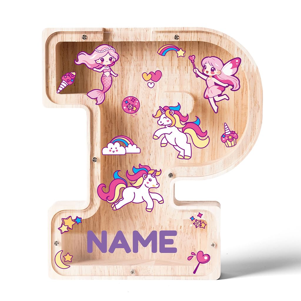Personalized Wooden Letter Piggy Bank for Kids | Custom Name Alphabet Coin Bank A–Z | Money Saving Box for Boys and Girls | Birthday Gift for Children (P)