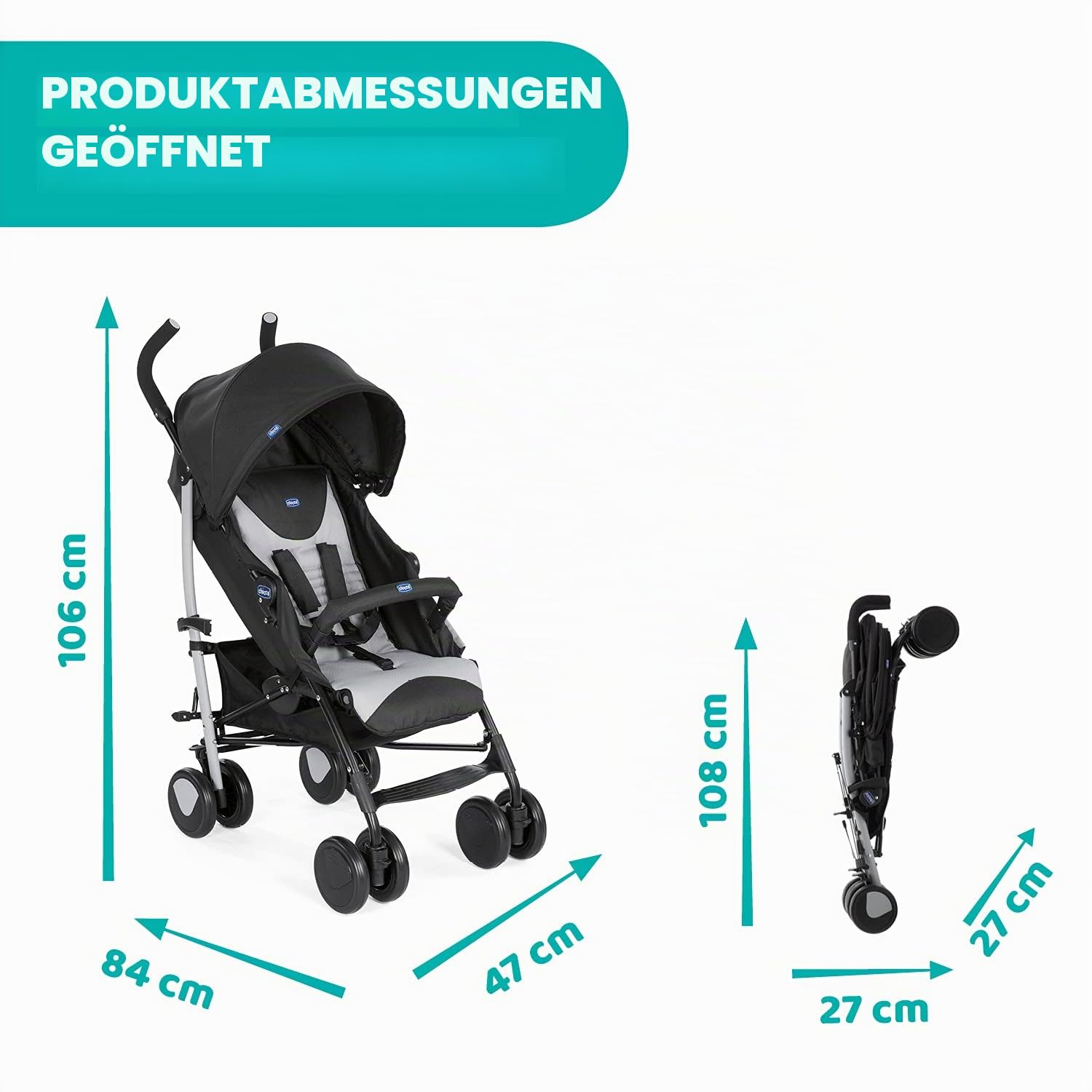 Chicco Echo Leichter Zusammenklappbarer Kinderwagen 0-22 kg Kompakter Buggy mit Frontbügel Schlafposition Regenschirmverschluss Verstellbarer Sonnenschirm