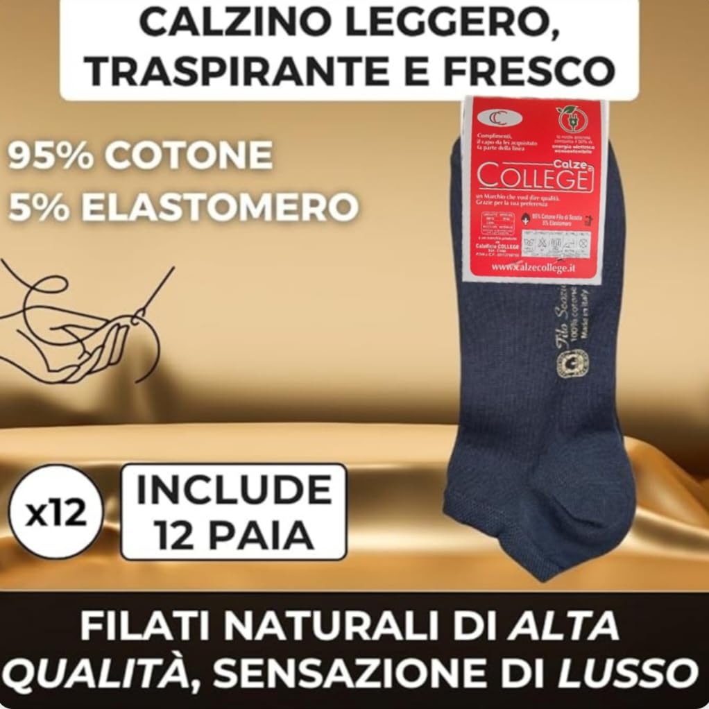 Calcetines invisibles College, 12 pares, De Algodón Puro Hilo De Escocia Elástico, materiales de primera calidad, fabricados en Italia.