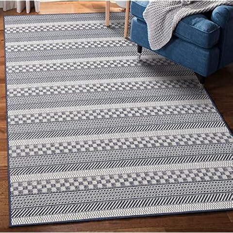 Sherloom Modern Striped Indoor Outdoor Area Rug Weather Resistant Outdoor Carpet for Porch Deck Balcony Backyard Patio Rug 5x8 Grey, Blue Cover