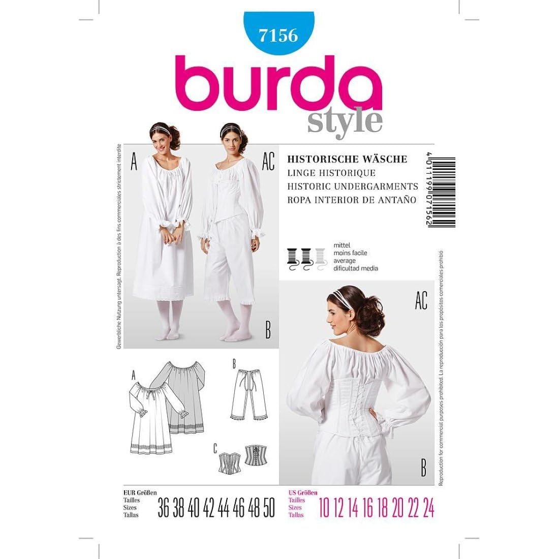 BURDA 7156 HISTORICAL UNDERGARMENT Sewing Pattern Sizes 10 - 24  Skill: AVERAGE