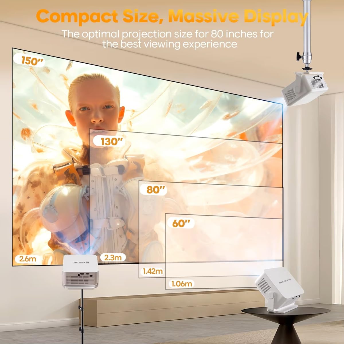 Mini projecteur Compatible 4K et 8K, Android 14 8K 400 ANSI avec WiFi 6 et Bluetooth 5.4, Mise au Point Automatique et Correction trapézoïdale Verticale, Une Utilisation en extérieur et à Domicile.