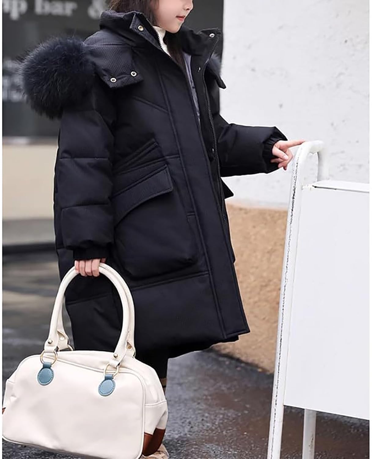 Kids Girls 𝗙𝘂r Hooded Puffer Coat Thicken Windproof Zip Up Down Jacket Winter Mid Length Parka with Pocket