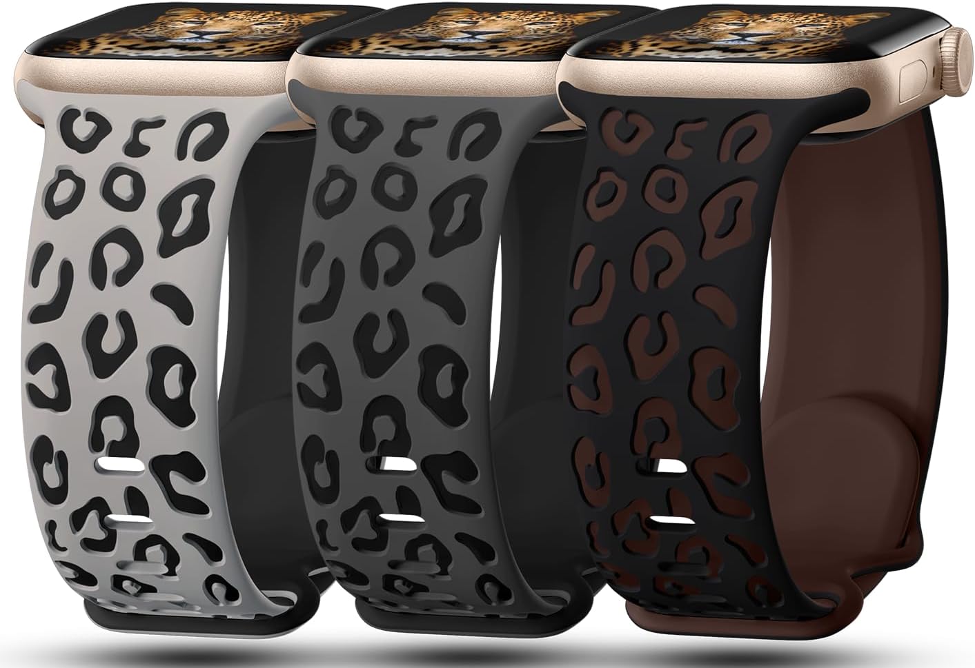 3 Pack Leopard Engraved Bands Compatible with Apple Watch Band 41mm 40mm 38mm 42mm 44mm 45mm 46mm 49mm Women, Soft Silicone Cheetah Embossed Sport Strap for iWatch Series 10 9 8 7 6 5 4 3 2 1 Ultra