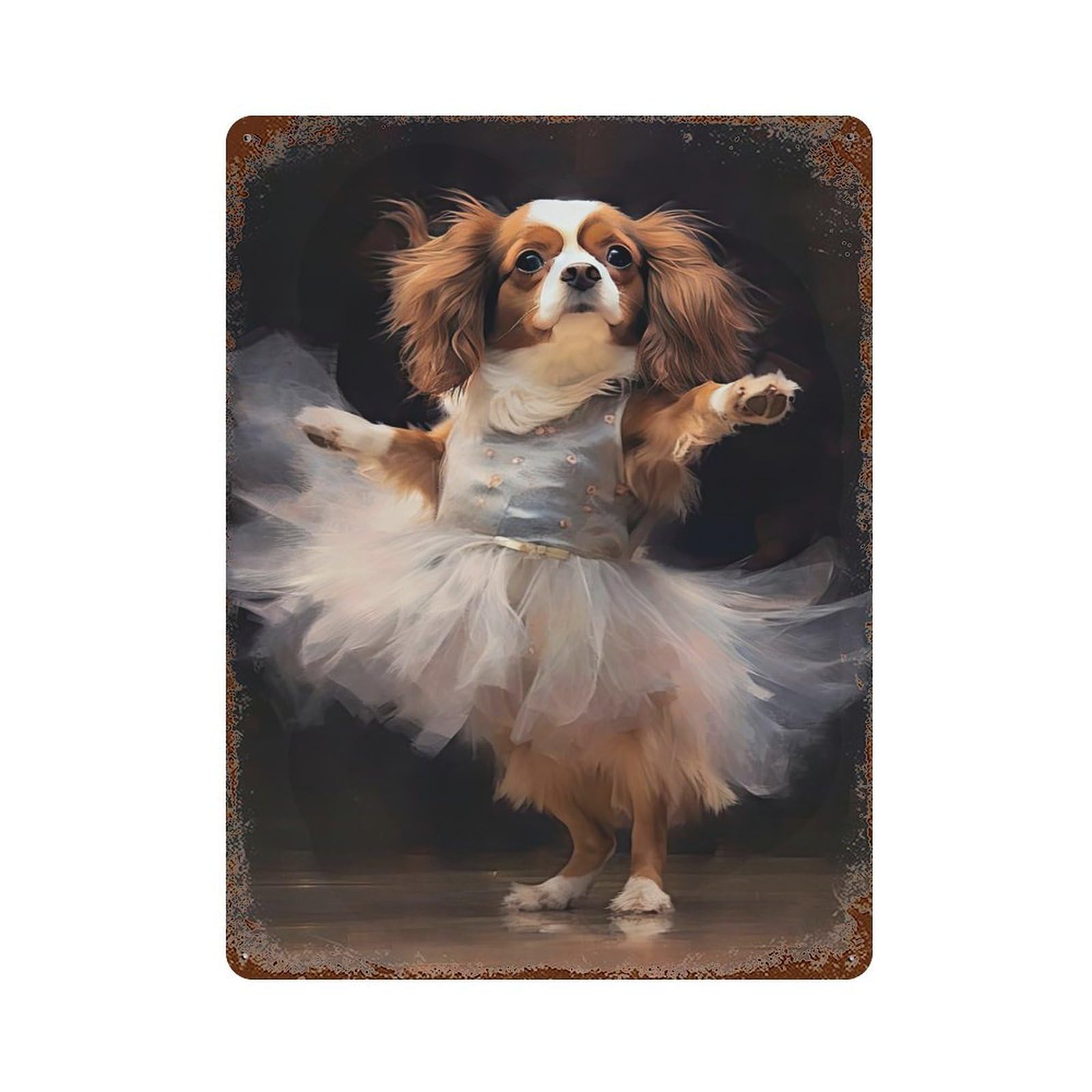 Rust Effect Cavalier Dog Ballerina Rusty Metal Tin Sign 15.7"x11.8", Old School Wall Decor for Pub, Kitchen And Man Cave Decor
