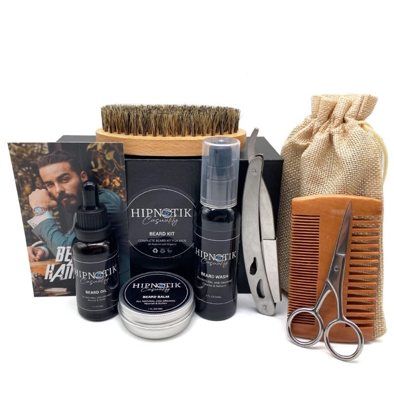HIPNOTIK CASUALITY Kit Barba Cuidado Para Hombre, Kits en Cuidados Post-depilación y Afeitado Con Aceite Barba Hombre, Champú Barba, Bálsamo, Cepillo, Peine Barba, Tijeras, Regalos para Hombres,Papas