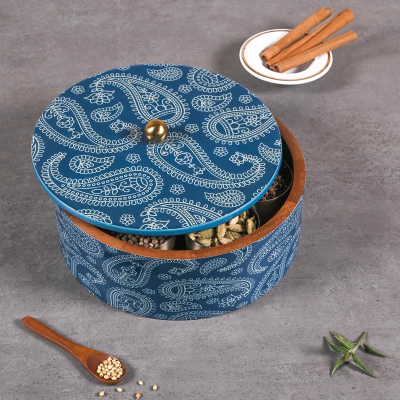 Image of Wooden Masala Box for Kitchen - 7 Stainless Steel Jars with Wooden Spoon | Stainless Steel Brass Lid with Knob | Multipurpose Dry Fruit & Spice Storage - Blue (Printed)