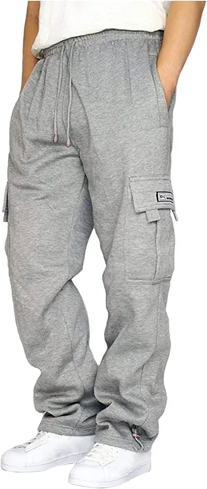 Lasjixion Men's Cargo Sweatpants Open Bottom Fleece Hiking Jogger Cargo Sweatpants for Men with Pockets