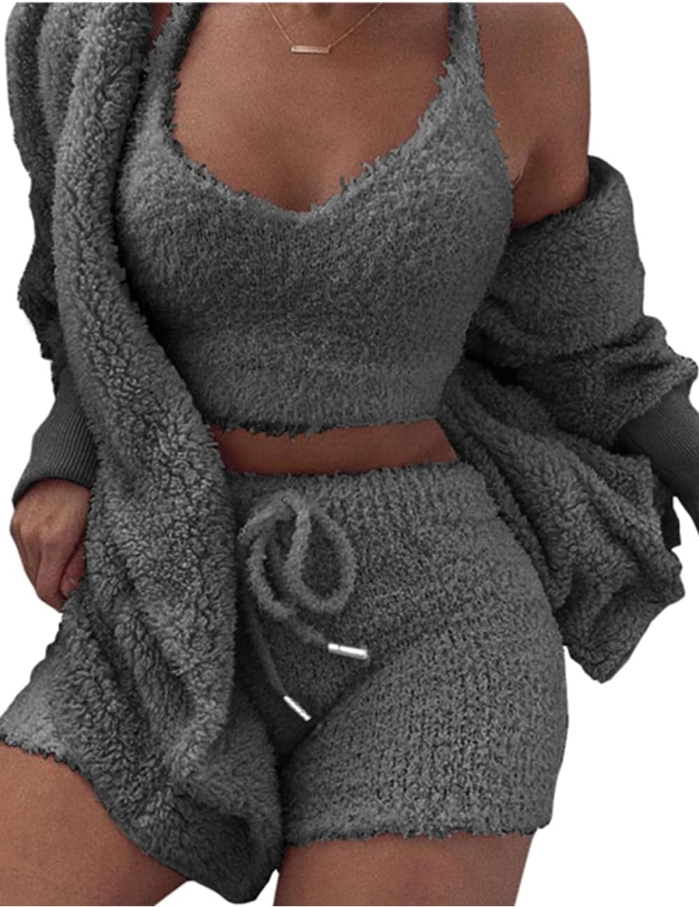 A ADILACA Womens Hooded Cardigan Outwear Sleeveless Crop Tops Shorts Nightwear Set - Image 2