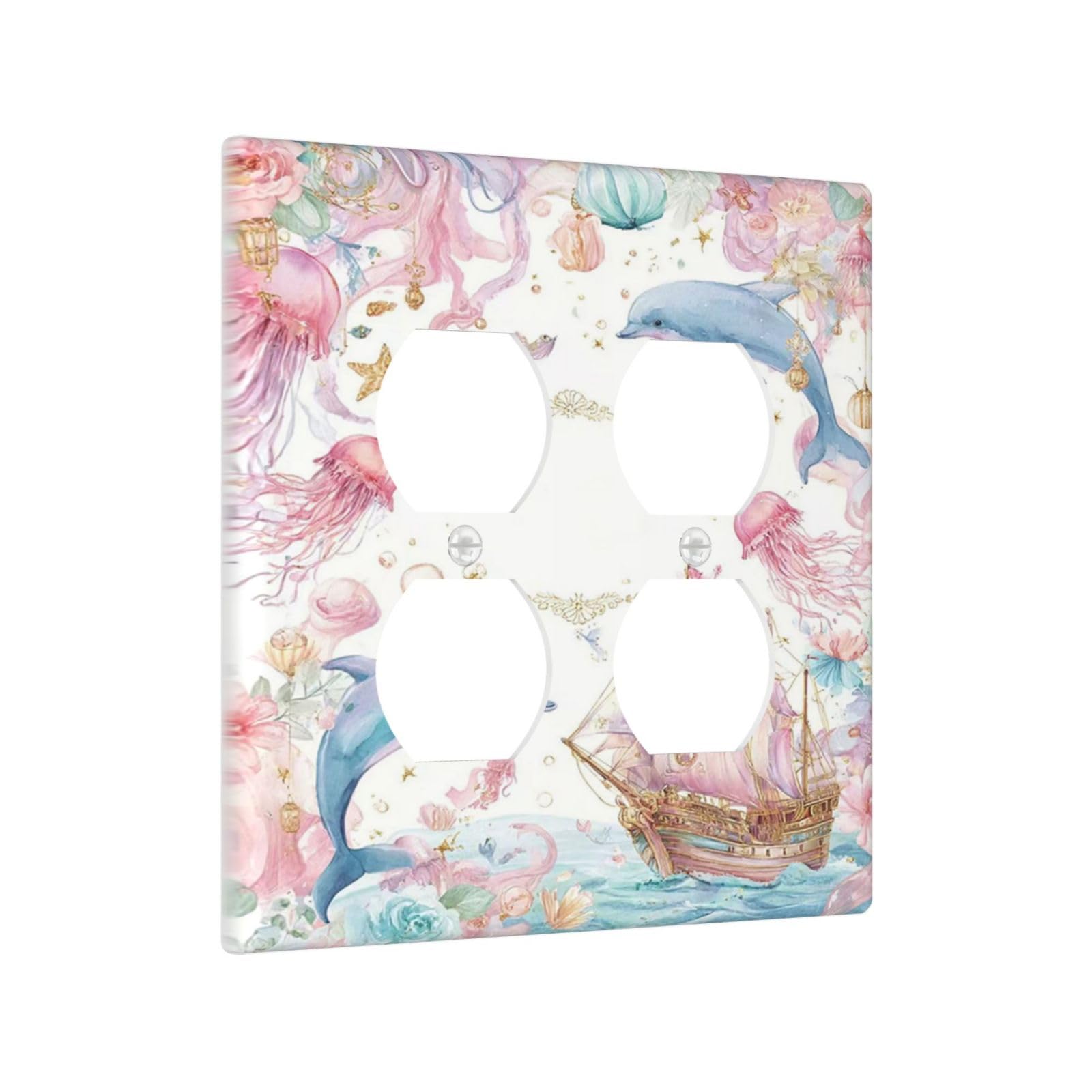Yamxbfa Decorative Outlet Covers Whimsical Pink Pirate Ship Dolphin Jellyfish 2 Gang Light Switch Cover Plate Double Duplex Wall Plates Electrical Switch Plate Covers for Nursery Decor