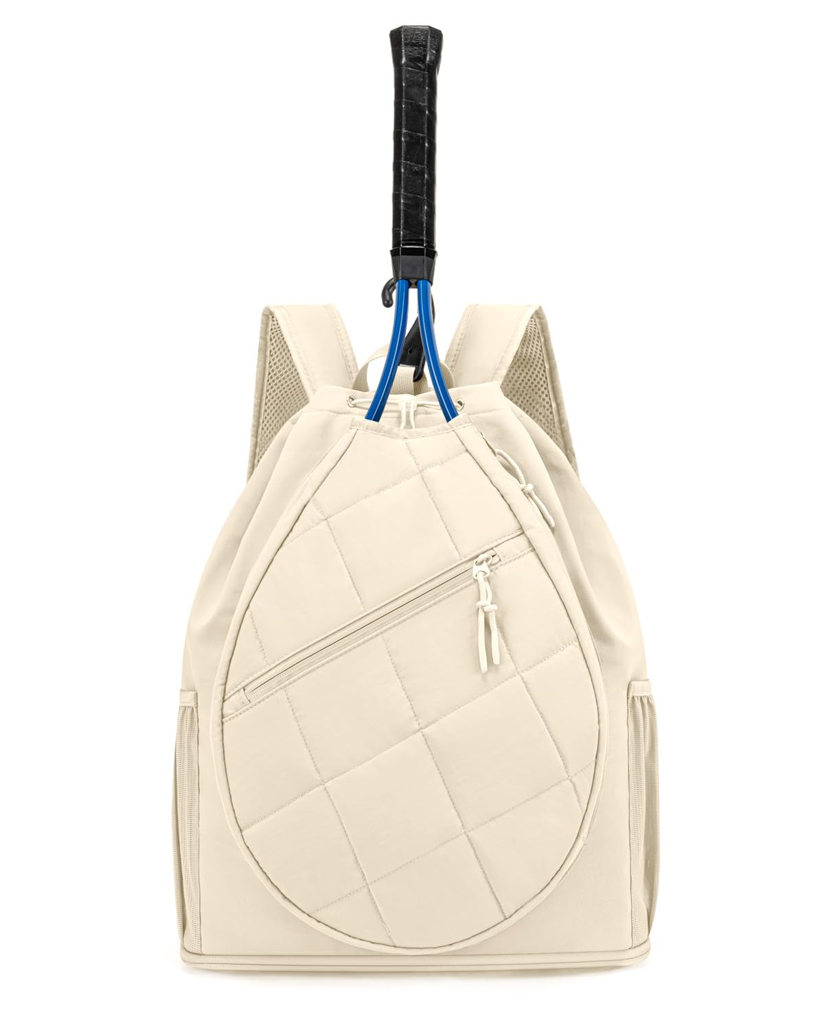 GreenTaya Drawstring Tennis Backpack, Puffer Tennis Racket Bag with Shoe Compartment & Wet Pocket Gym Bag for Women, Suitable for Pickleball Tennis Badminton (Beige)