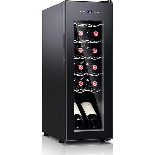 11 Inch Wine Fridge Under Counter, 12 Bottle Wine Refrigerator Cooler, Mini Wine Cellar Built in/Freestanding with Glass Door &Quiet Operation Compressor for Beer Soda Drink Bar