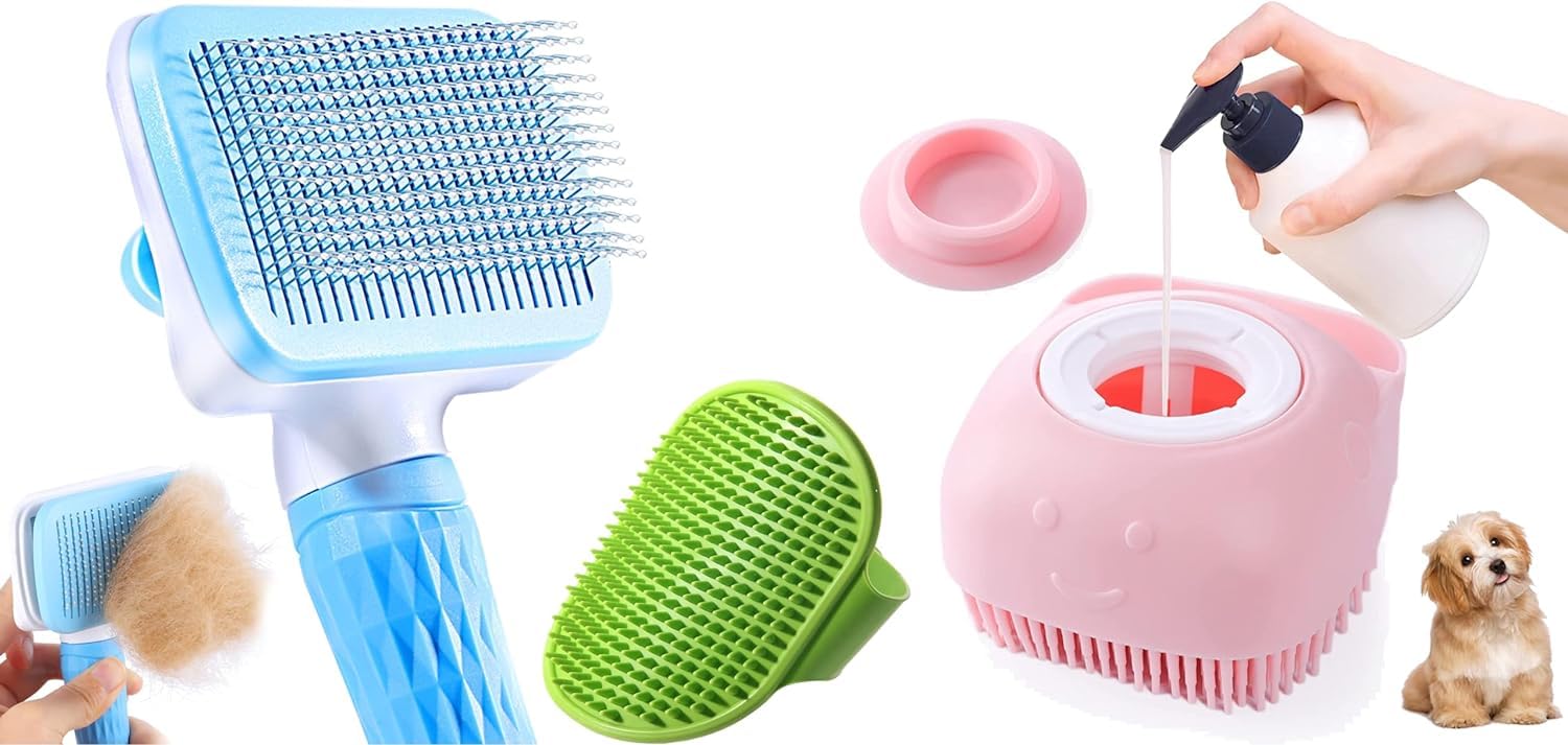 Dog Trust 3 Pcs Self Cleaning Slicker Shedding Brush Pet Grooming Bath Massage Brush Suitable for Long Short Haired Dog Cat with Soap & Shampoo Dispenser Soft Silicone Bristle Shower (B0D798GT63) Amazon Price History, Amazon Price Tracker
