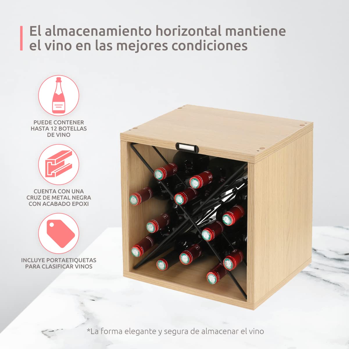 Compactor Cubo de Vino Macon Nature L - Organizador de Botellas, Acabado Natural, 36x30x36,5 cm
