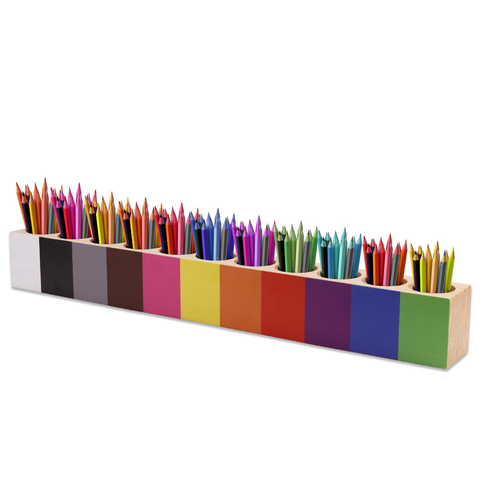 Portapenne in Legno Colorato, Organizer da Scrivania Montessori con 11 Scomparti Portapenne per Bambini