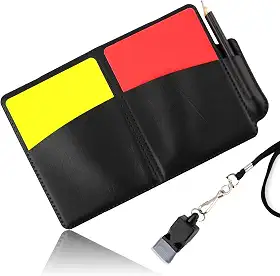 Conjunto de cartas de árbitro, 2 peças de cartas de penalidade de árbitro com suporte de cartão, livro de pontuação de árbitro, apito, lápis de apito, cartas de aviso vermelhas e amarelas para futebol