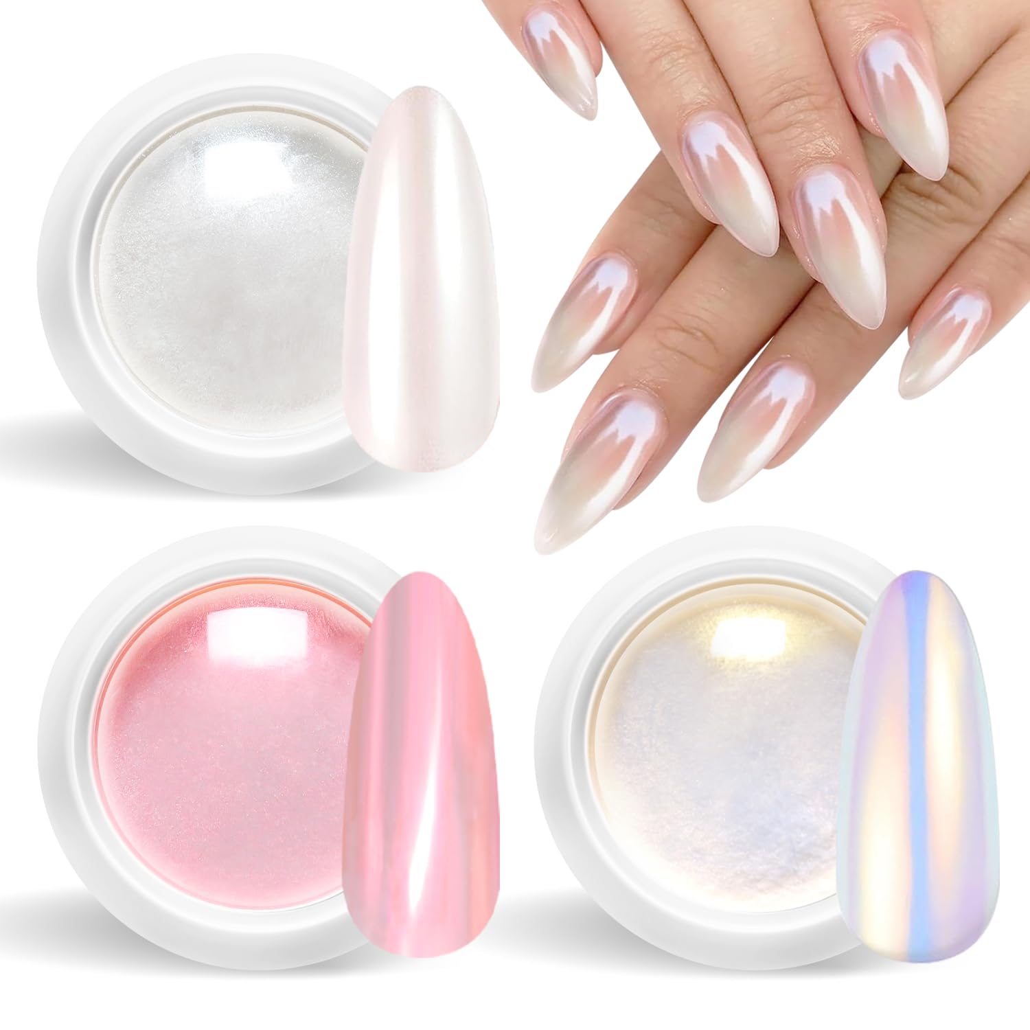 Pearl Chrome Nail Powder BISHENGYF -Fairy EffectPink Chrome Nail Powder White Aurora Yellow Mermaid Iridescent Nail Chrome Powders Metallic Mirror Glitter Pigment Dust For Nail Art Decroation DIY