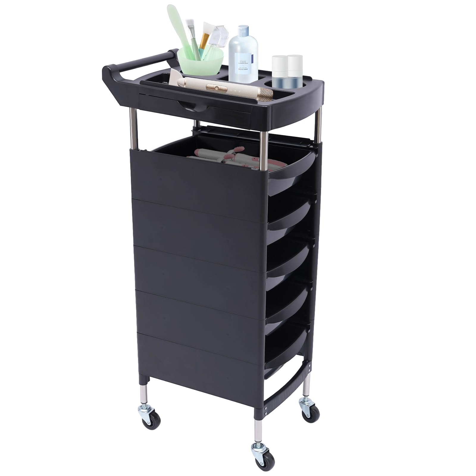 Carrito de salón Susoso, carro portátil con compartimento y rueda universal para tatuajes, carro de peluquería para el hogar con 5 cajones, negro