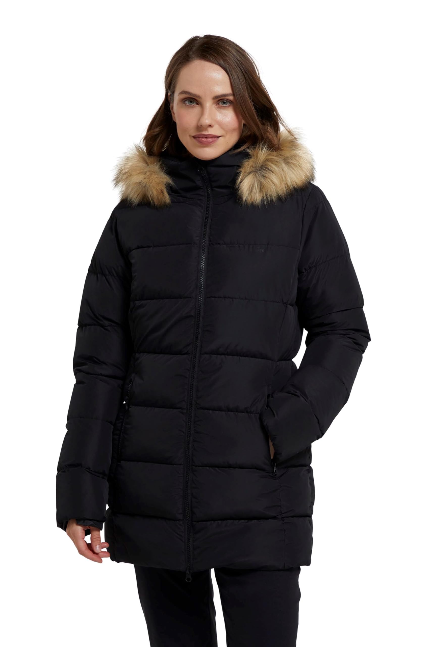 Mountain Warehouse Women's 'Nola' Waterproof Warm Cosy Faux Fur Hood Padded Comfy Long Jacket in Black | Size: 16
